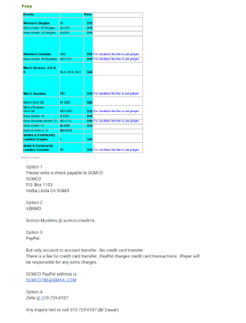 SCMCO Table Tennis 2023 Fees and Payment Overview